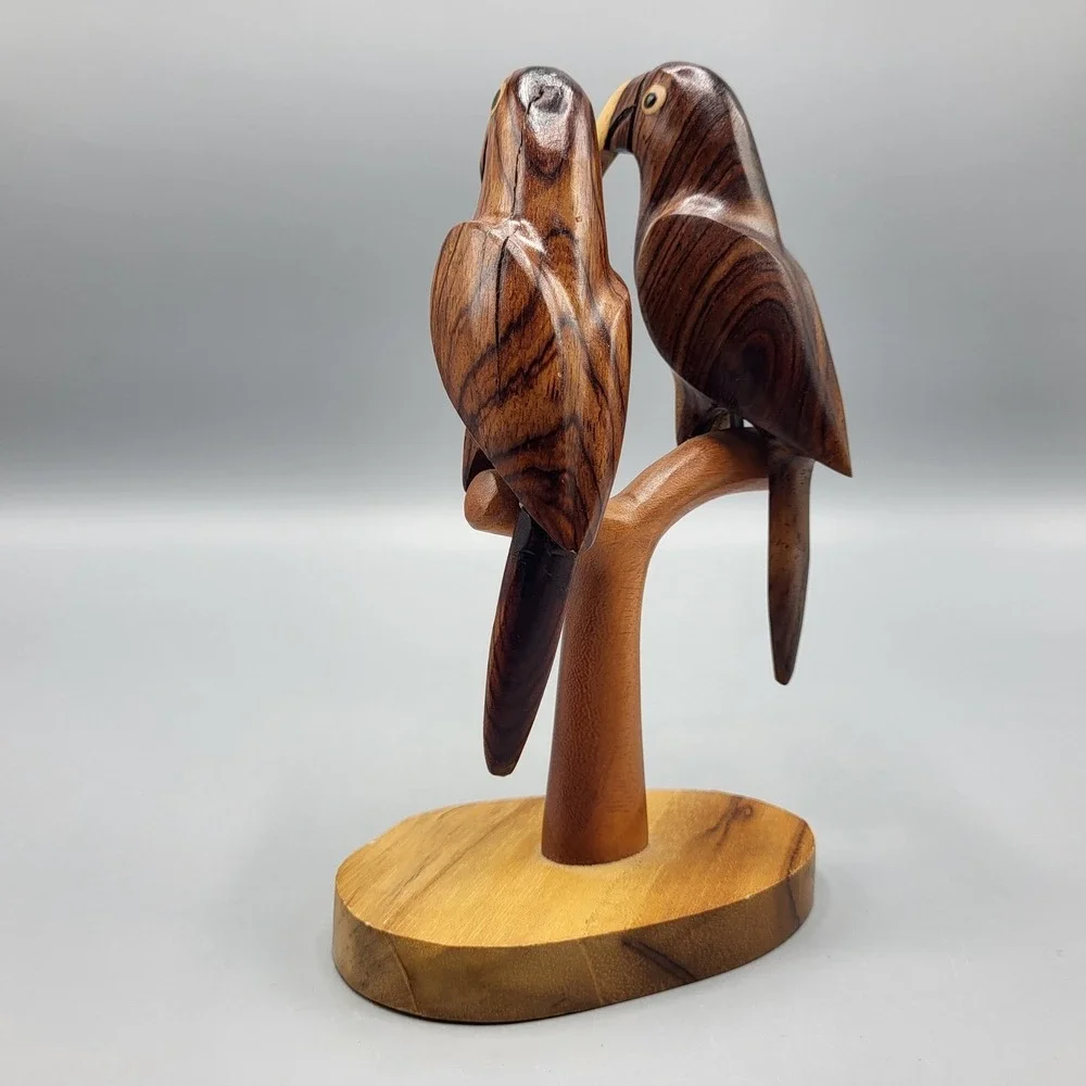 Hand Carved Wood Parrot Sculpture Figurine Pair on Branch Shelf Decor 6.25